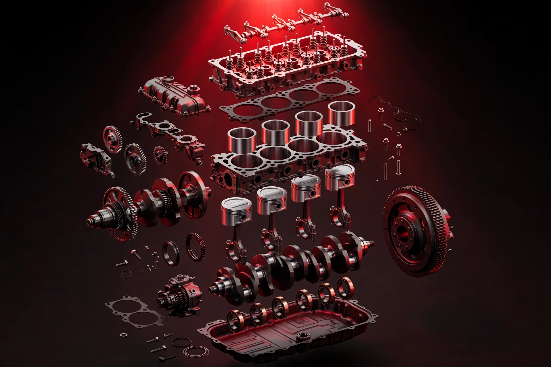 Exploded technical view of a Japanese truck diesel engine